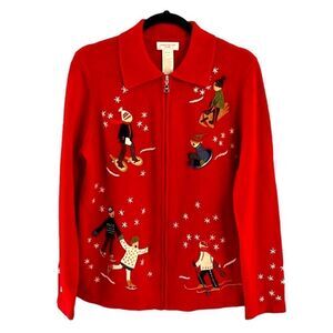 Women’s M Vintage Holiday Christmas ice skater sledding skiing Cardigan sweater